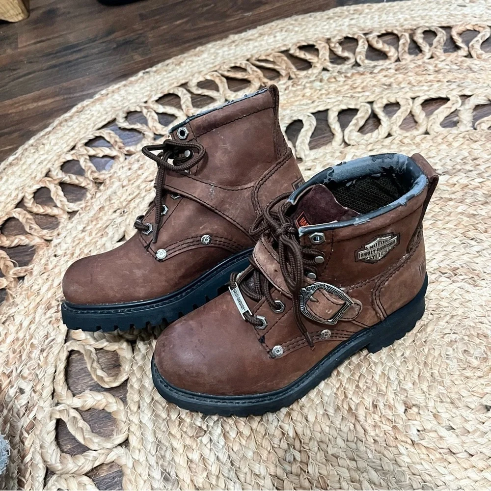 Harley Davidson 81025 Boots Lace Up Brown Leather Motorcycle Buckle Size 6